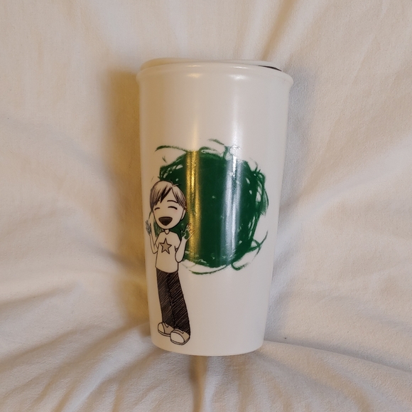 Starbucks ceramic mug green white with young boy